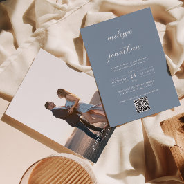 Dusty Blue & White Script Foto QR Code Wedding Einladung