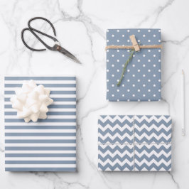 Dusty Blue & White Streifen Polka Dot Zickzack Geschenkpapier Set
