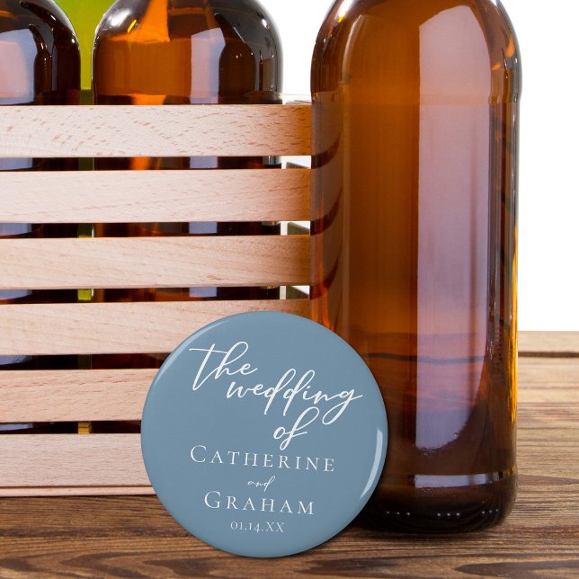 Dusty Blue White Typografy Coastal Wedding Flaschenöffner (Von Creator hochgeladen)