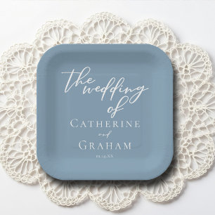 Dusty Blue White Typografy Coastal Wedding Pappteller