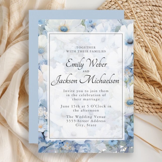 Dusty Blue White Watercolor Floral Wedding Einladung (Elegant dusty blue and white watercolor floral wedding invitation)