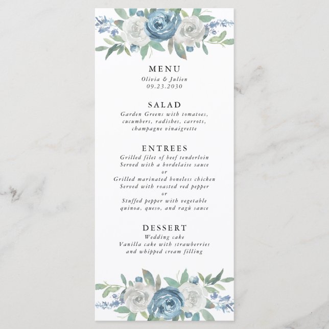 Dusty Blue & White Wedding Menu Menükarte (Vorderseite)
