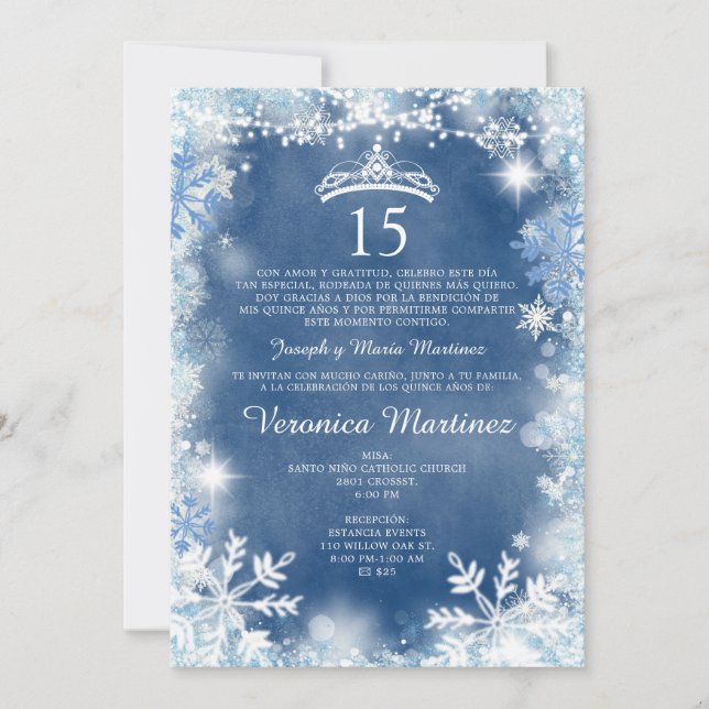 Dusty Blue & White Winter Spanish Girl 15 Años Einladung (Vorderseite)