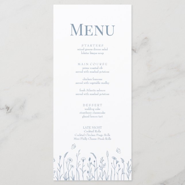 Dusty Blue Wildblume and Butterfets Menu Card Menükarte (Vorderseite)