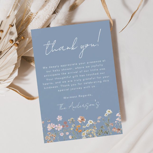 Dusty Blue Wildblume Baby in Bloom Baby Shower Dankeskarte (Von Creator hochgeladen)