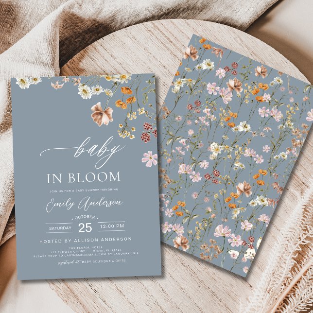 Dusty Blue Wildblume Baby in Bloom Baby Shower Einladung (Von Creator hochgeladen)