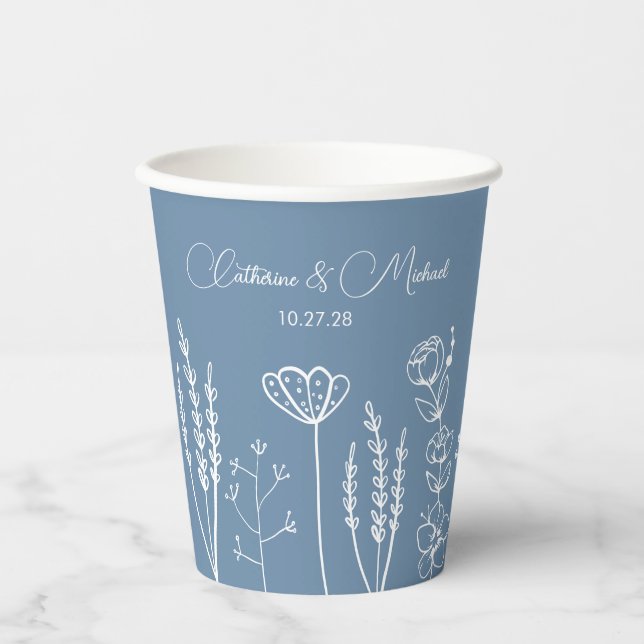 Dusty Blue Wildblume Bohemisch Wedding Pappbecher (Vorderseite)