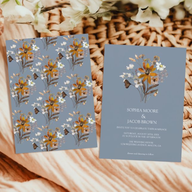 Dusty Blue Wildblume Boho Hochzeit im Herbst Einladung (Von Creator hochgeladen)