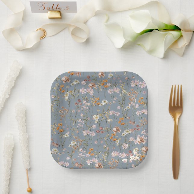 Dusty Blue Wildblume Boho Kinderdusche in Bloom Pappteller (Hochzeit)