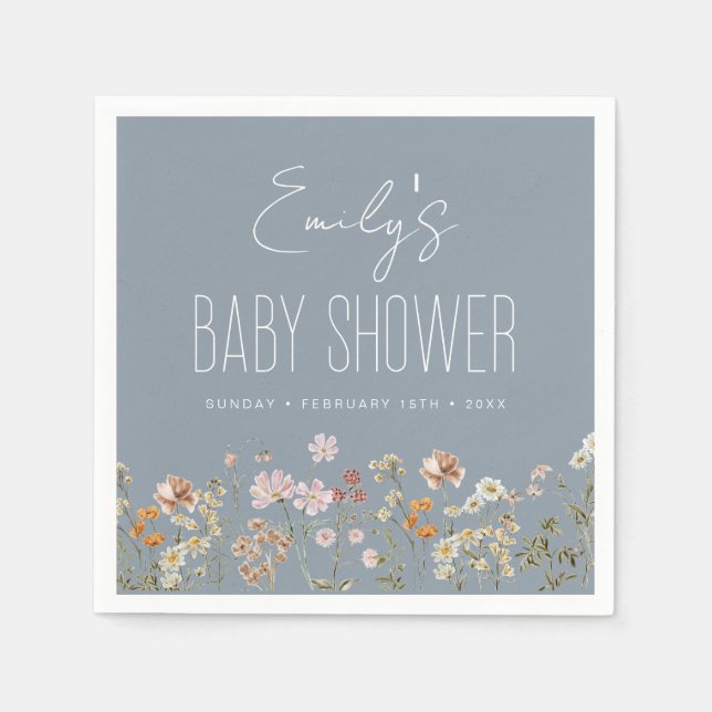 Dusty Blue Wildblume Boho Kinderdusche in Bloom Serviette (Vorderseite)