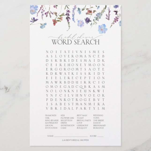 Dusty Blue Wildblume Brautparty Game (Vorderseite)