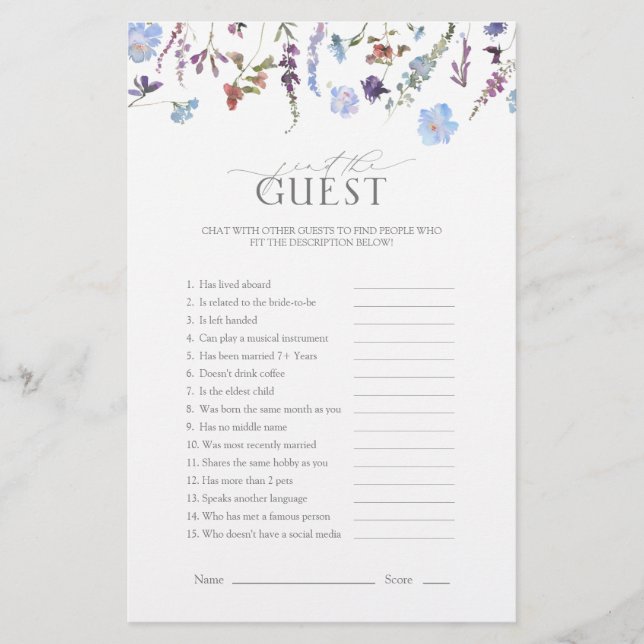 Dusty Blue Wildblume Brautparty Game (Vorderseite)