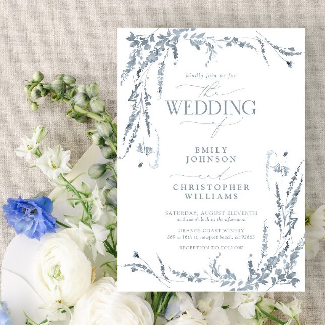 Dusty Blue Wildblume Calligraphy Wedding Einladung (Von Creator hochgeladen)