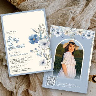 Dusty Blue Wildblume Foto QR Code Kinderdusche Einladung