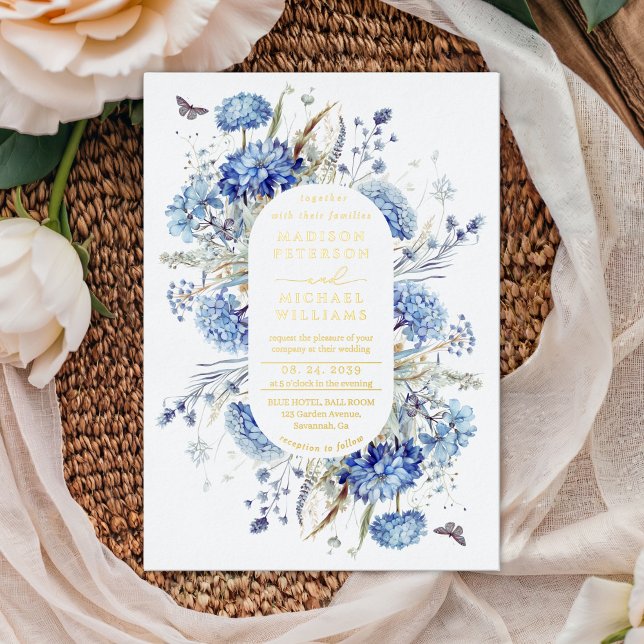 Dusty Blue Wildblume Garden Wedding Gold Folieneinladung (Von Creator hochgeladen)