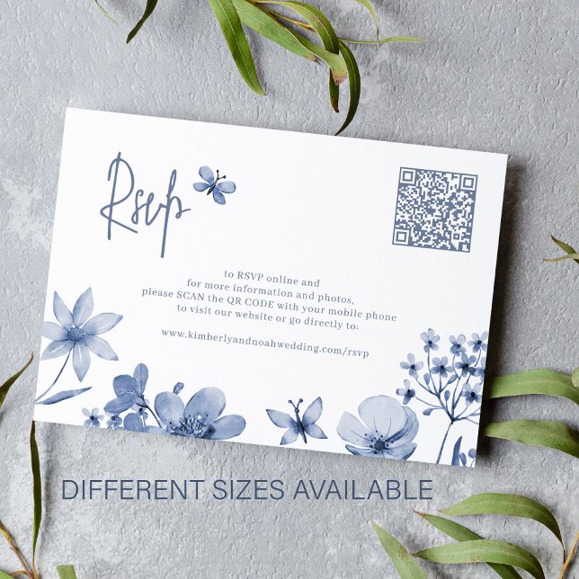 Dusty Blue Wildblume QR Code Hochzeit RSVP Begleitkarte (Von Creator hochgeladen)