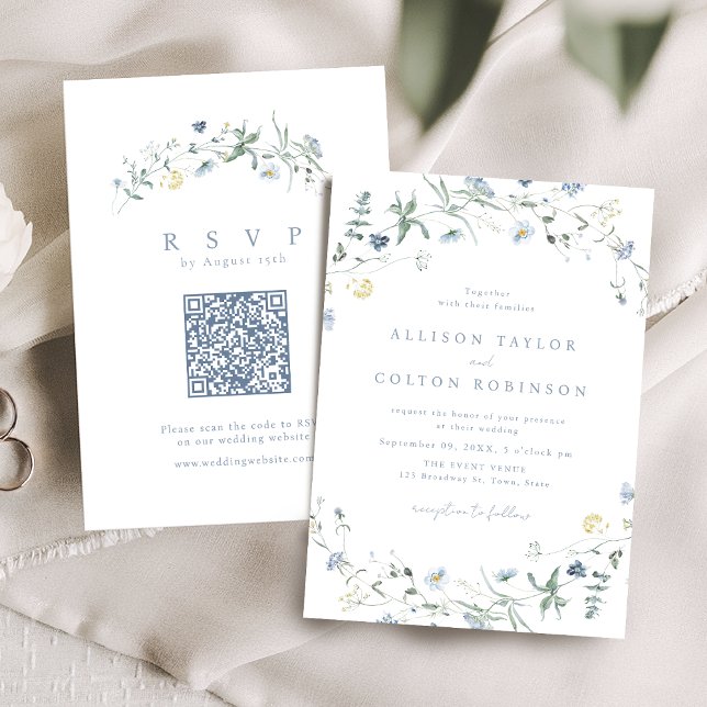 Dusty Blue Wildblume Rustic Boho Wedding Foto Einladung (Dusty Blue Wildflower Rustic Boho Wedding Photo Invitation)