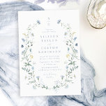 Dusty Blue Wildblume Rustic Boho Wedding Monogramm Einladung<br><div class="desc">Eleganter,  zarter Wasserfarben-Wildblume-Kranz umrahmt Ihre Veranstaltungsdetails mit ein paar Monogramm. Pastellfarben,  gelb,  weiß,  sage grün,  staubblau und botanisch,  schlicht und romantisch. Große blumengeschmückte Hochzeitsfeiern für moderne rustikale Hochzeiten,  Hochzeiten im Garten und Hochzeiten im Frühling und Sommer.</div>