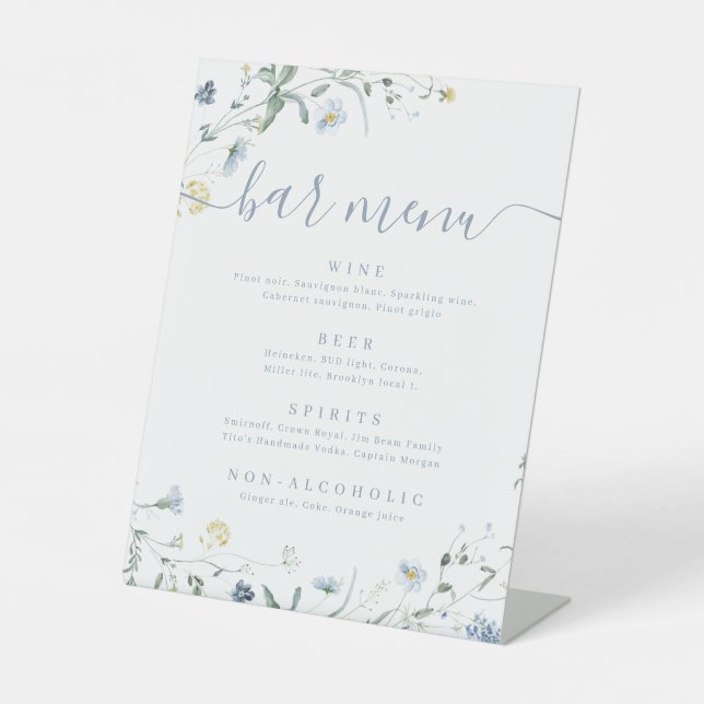 Dusty Blue Wildblume Skript rustikales Bar Menu Sockelschild (Vorderseite)