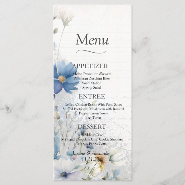 Dusty Blue Wildblume Wedding Menu Menükarte (Vorderseite)