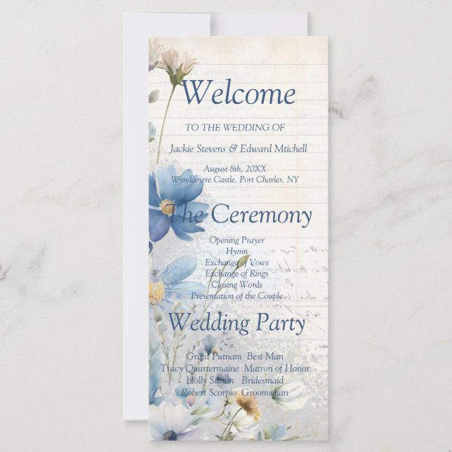 Dusty Blue Wildblume Wedding Program (Vorderseite)