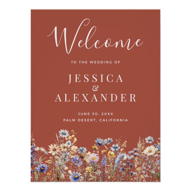 Dusty Blue Wildblumen 24x36 Rust Wedding Willkomme Poster (Vorderseite)