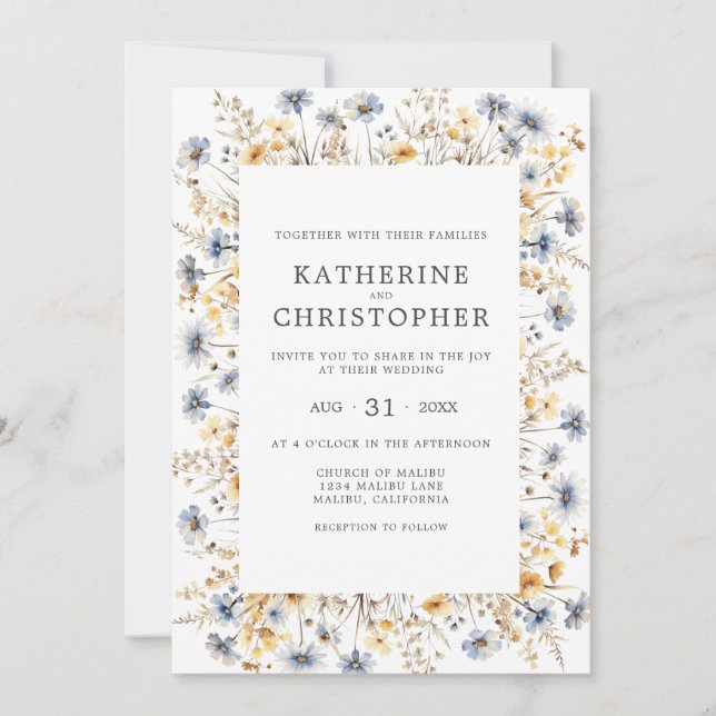 Dusty Blue Wildblumen - alles in einer Hochzeit Einladung (Vorderseite)