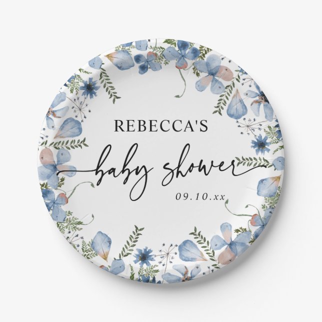 Dusty Blue Wildblumen Baby Duschpapier Teller (Vorderseite)