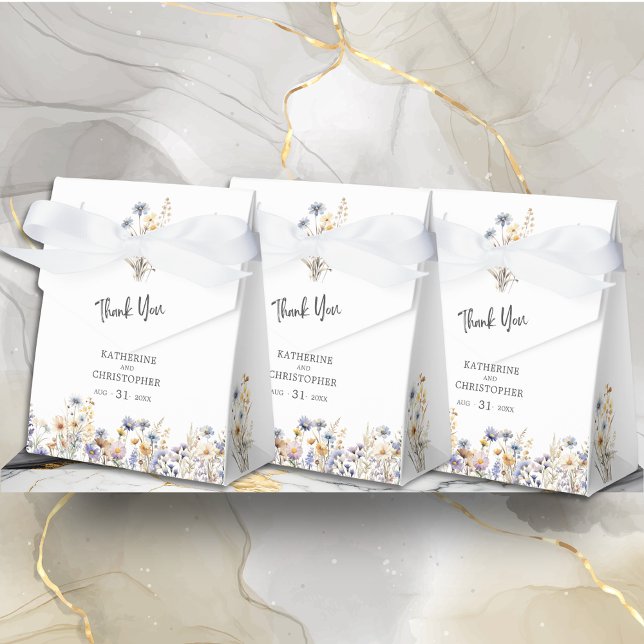 Dusty Blue Wildblumen BOHO Wedding Vielen Dank Geschenkschachtel (Dusty Blue Wildflowers BOHO Wedding Thank You Favor Bow Box with Couple Names, Wedding Date.
)
