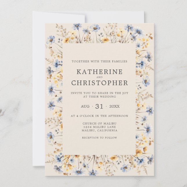 Dusty Blue Wildblumen Budget Beige Wedding Einladung (Vorderseite)