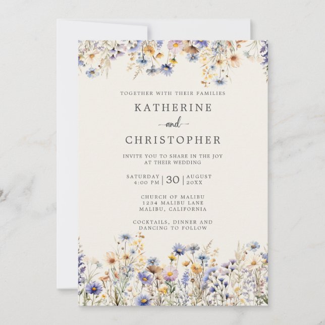 Dusty Blue Wildblumen Budget Elfenbeinhochzeit Einladung (Vorderseite)