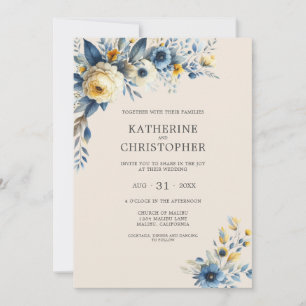 Dusty Blue Wildblumen Elegant Beige Wedding Einladung