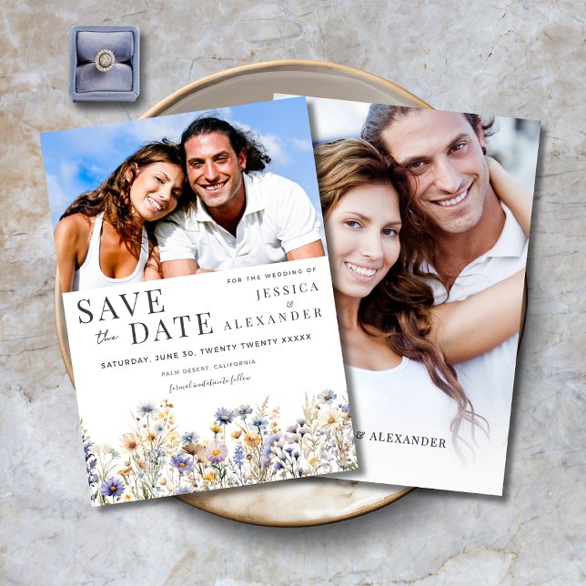 Dusty Blue Wildblumen Elegant Zwei-Foto Hochzeit Save The Date (Dusty Blue Wildflowers Elegant Two Photo Wedding Save the Date, Watercolor Floral, Photo Front/Back.)