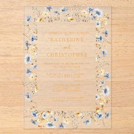 Dusty Blue Wildblumen Elegante Hochzeit Acryleinladungen