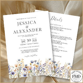 Dusty Blue Wildblumen in einer eleganten Hochzeit Einladung