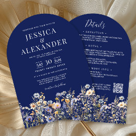 Dusty Blue Wildblumen in einer QR Navy Hochzeit Einladung