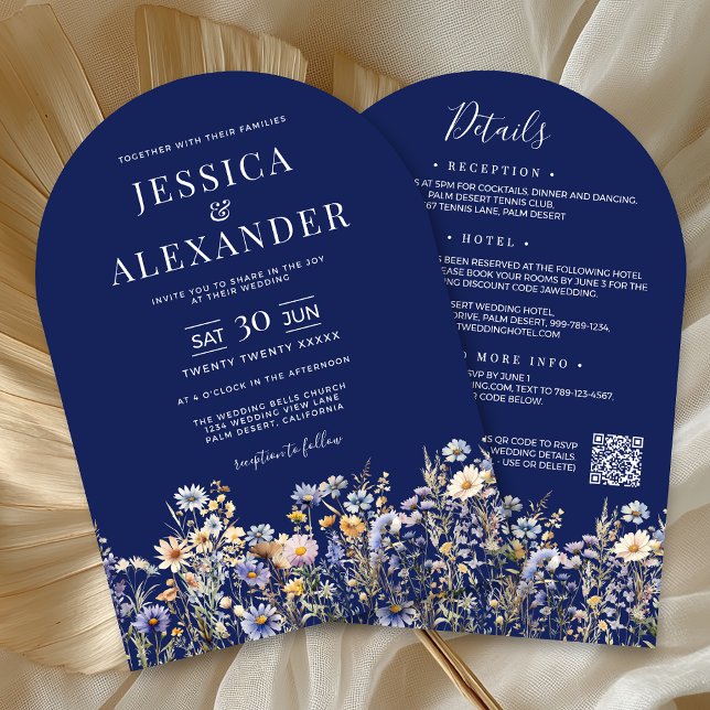 Dusty Blue Wildblumen in einer QR Navy Hochzeit Einladung (Dusty Blue Wildflower All In One QR Code Navy Wedding Invitation with Reception, Hotel, RSVP on Back)