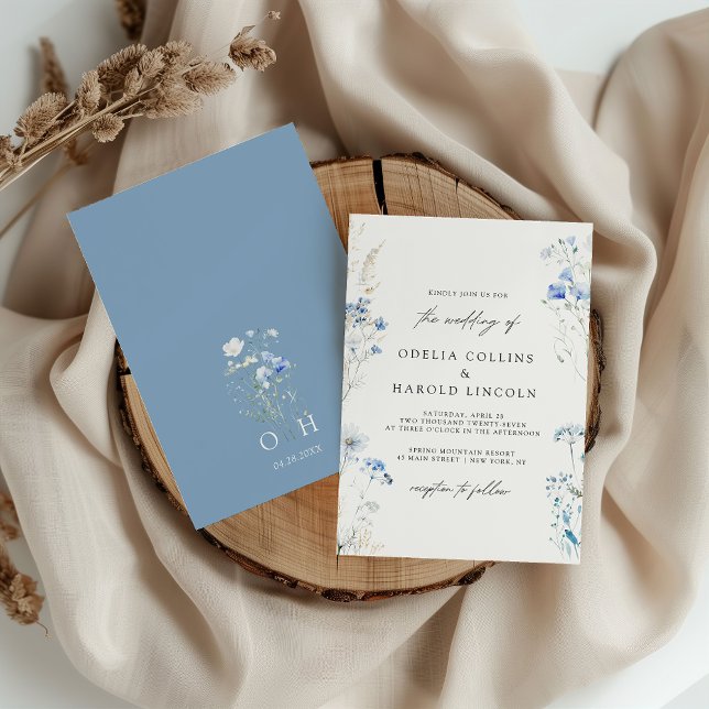 Dusty Blue Wildblumen Monogram Wedding Einladung (Von Creator hochgeladen)