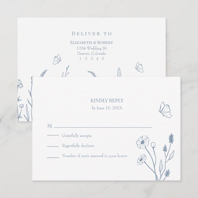 Dusty Blue Wildblumen und Butterfiles RSVP Card Dankeskarte (Vorne/Hinten)