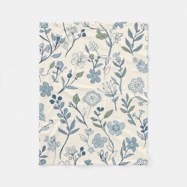 Dusty Blue Wildflower Meadow Botanical Pattern Fleecedecke (Vorderseite)