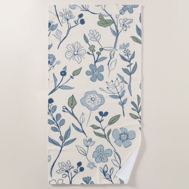 Dusty Blue Wildflower Meadow Botanical Pattern Strandtuch (Vorderseite)