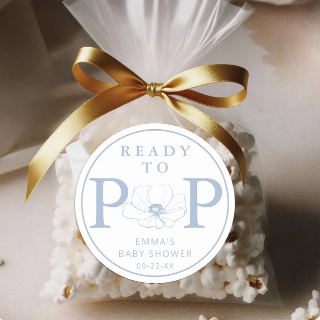 Dusty Blue Wildflower Ready to Pop Baby Shower  Runder Aufkleber (Ready To Pop - Dusty Blue Baby Shower Sticker)