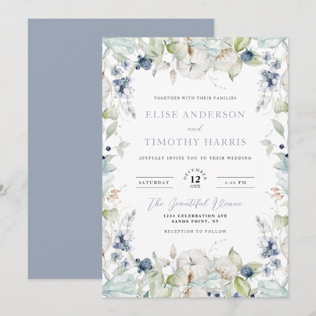 Dusty Blue Winter Floral Frame Wedding Einladung (Vorne/Hinten)