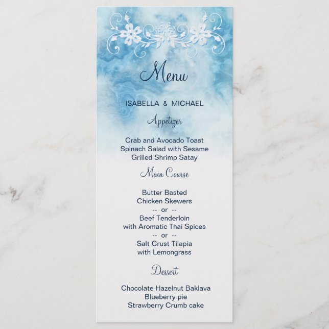 Dusty Blue Winter Script Calligraphy Watercolor Menükarte (Vorderseite)