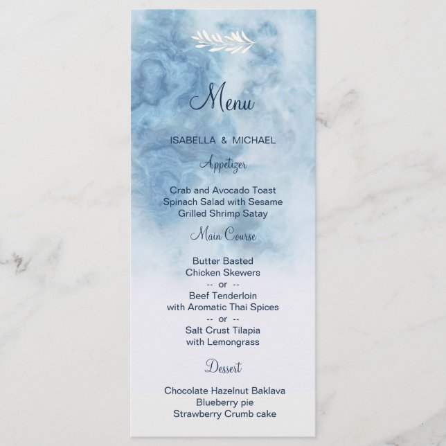 Dusty Blue Winter Script Calligraphy White Branch Menükarte (Vorderseite)