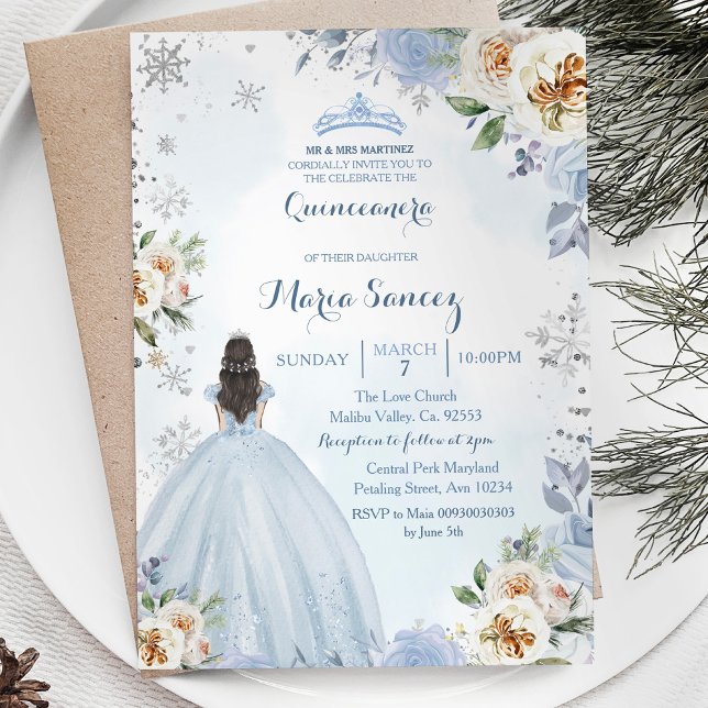 Dusty Blue Winter Season Floral Mis Quince Einladu Einladung (Von Creator hochgeladen)