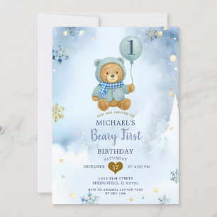 Dusty Blue Winter Snowflake Beary First Birthday Einladung