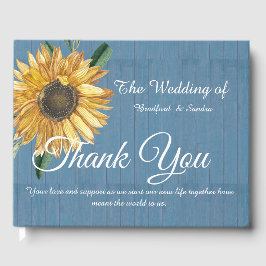 Dusty Blue Wood Sunflower Wedding Vielen Dank Gästebuch