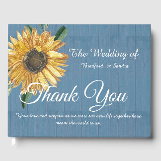 Dusty Blue Wood Sunflower Wedding Vielen Dank Gästebuch