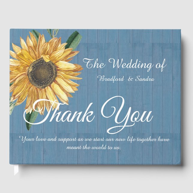 Dusty Blue Wood Sunflower Wedding Vielen Dank Gästebuch (Vorderseite)